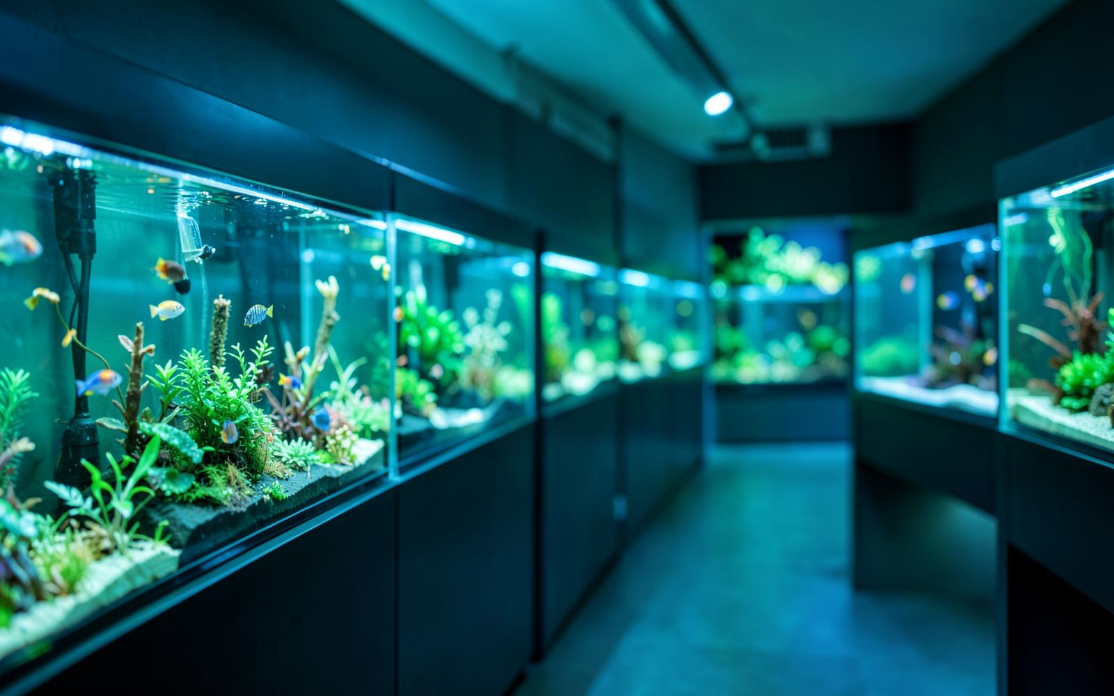 A row of planted aquariums lit in blue and green inside a dedicated fish room