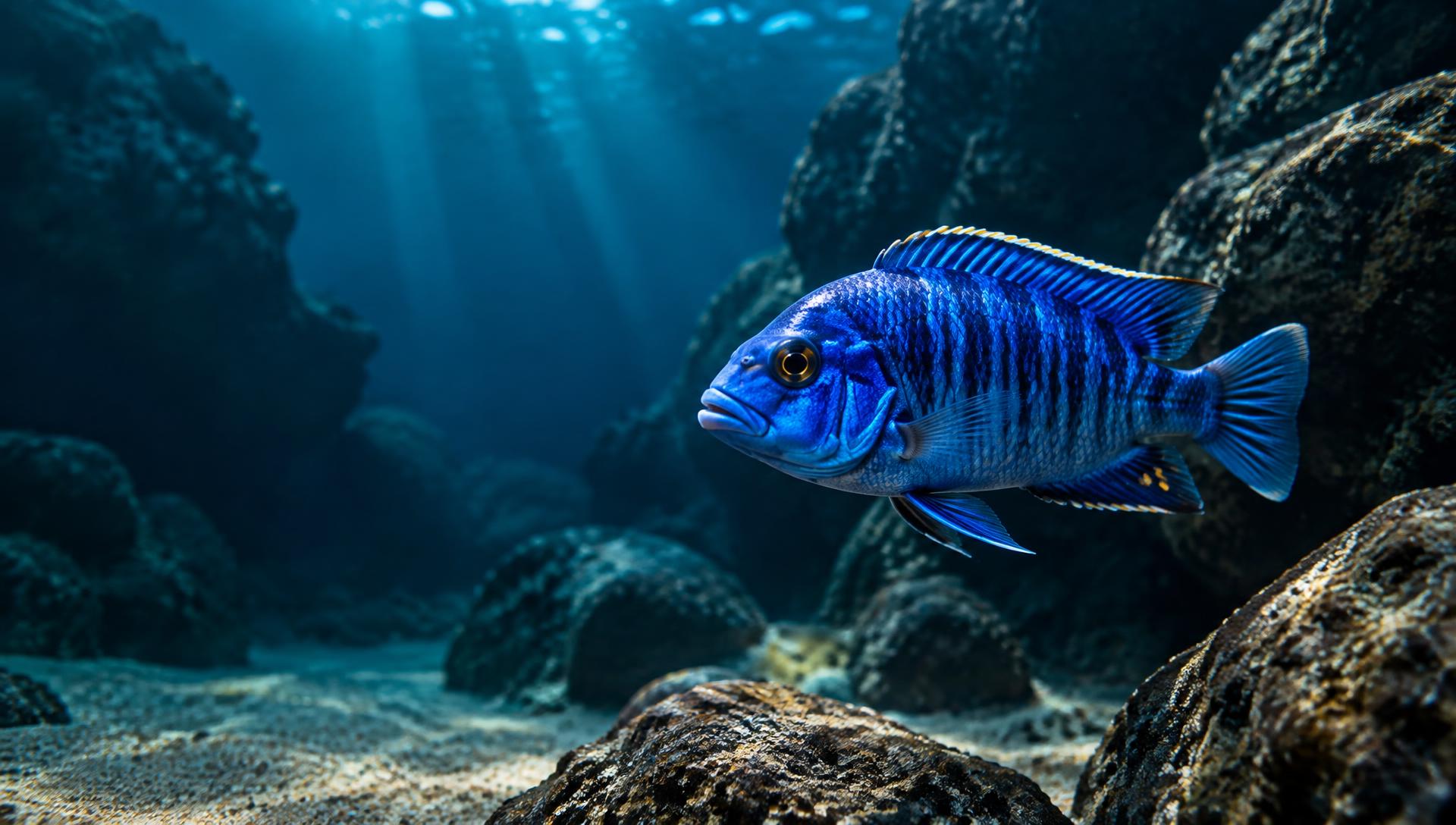 An electric blue Malawi cichlid swimming among rockwork